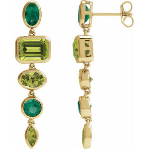 Natural Peridot & Lab-Grown Emerald Dangle Earrings In Solid 14K Yellow Gold