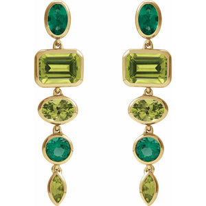 Natural Peridot & Lab-Grown Emerald Dangle Earrings In Solid 14K Yellow Gold