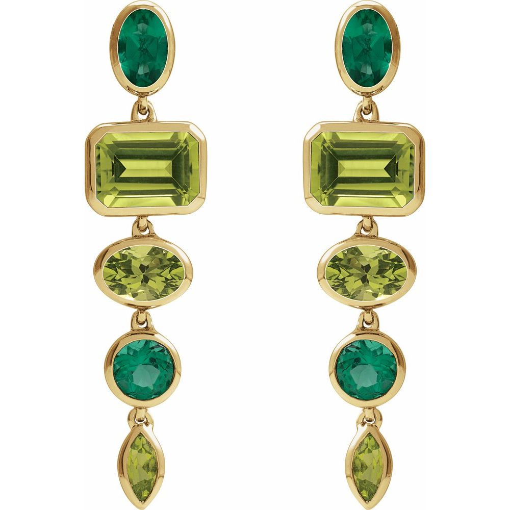 Natural Peridot & Lab-Grown Emerald Dangle Earrings In Solid 14K Yellow Gold