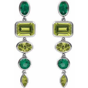 Natural Peridot & Lab-Grown Emerald Dangle Earrings In Solid 14K White Gold