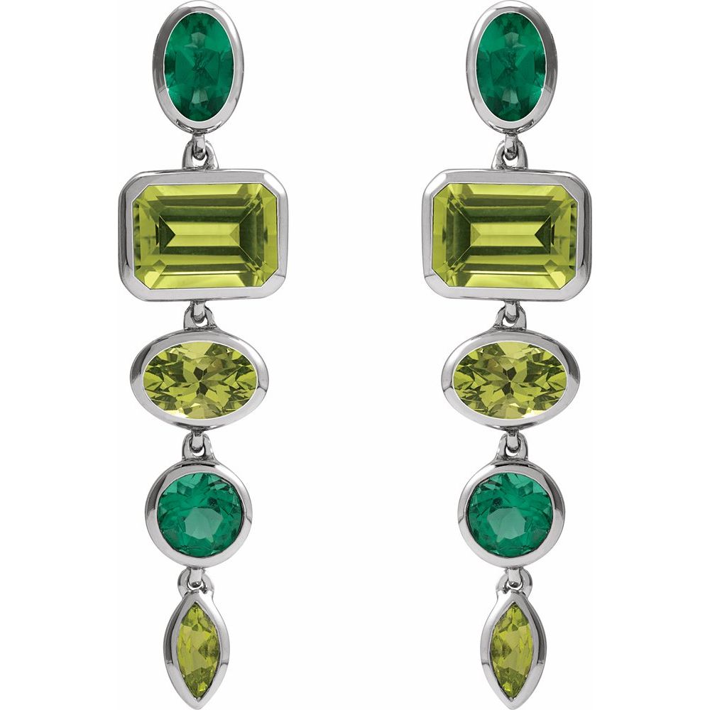 Natural Peridot & Lab-Grown Emerald Dangle Earrings In Solid 14K White Gold