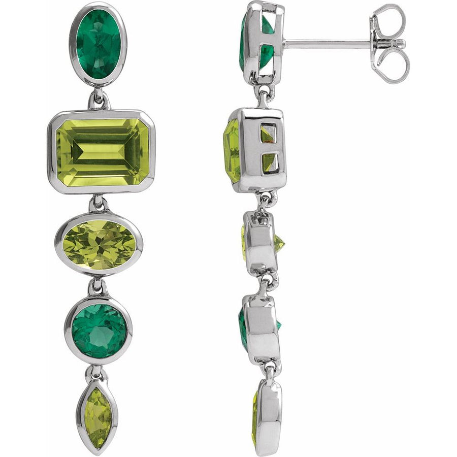 Natural Peridot & Lab-Grown Emerald Dangle Earrings In Solid 14K White Gold