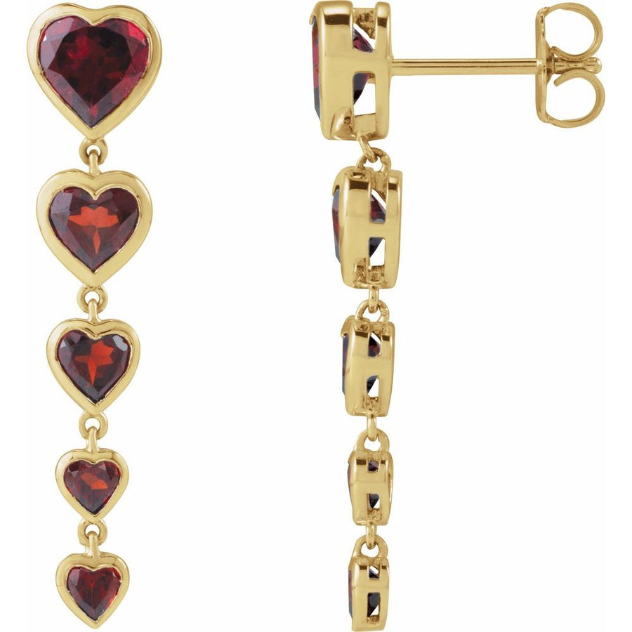 Natural Mozambique Garnet Dangle Heart Earrings In Solid 14K Yellow Gold