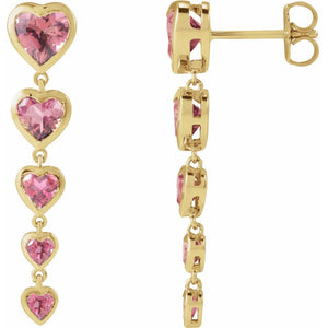 Natural Pink Tourmaline Diamond Dangle Heart Earrings In Solid 14K Yellow Gold