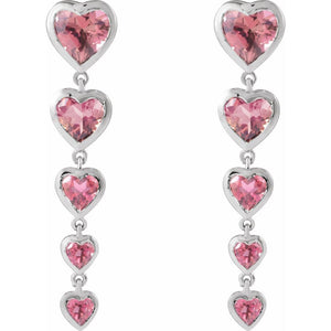 Natural Pink Tourmaline Diamond Dangle Heart Earrings In Solid 14K Yellow Gold