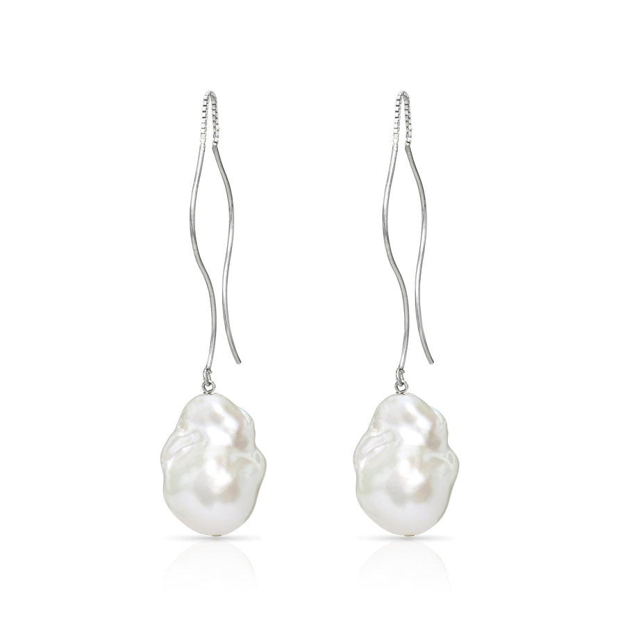 Waves Large White Baroque Freshwater Pearl Threader Earrings In Sterling Silver