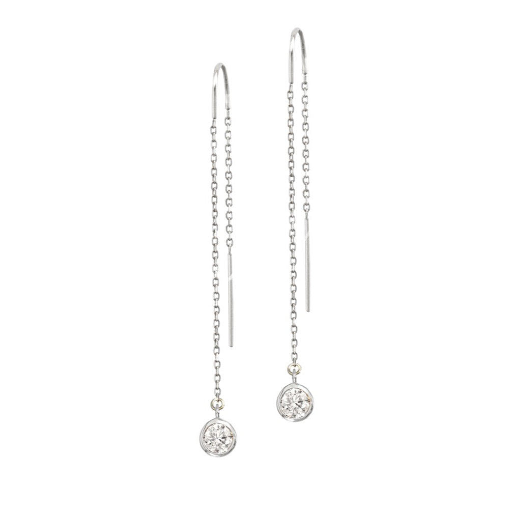 14K White Gold Natural Diamond Bezel Cable Chain Threader Earrings ...